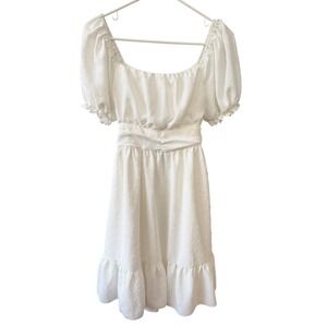 Flirty White Dot Dress Puff Sleeve Square Neck Open‎ Tie Back Mini Sundress Sz S